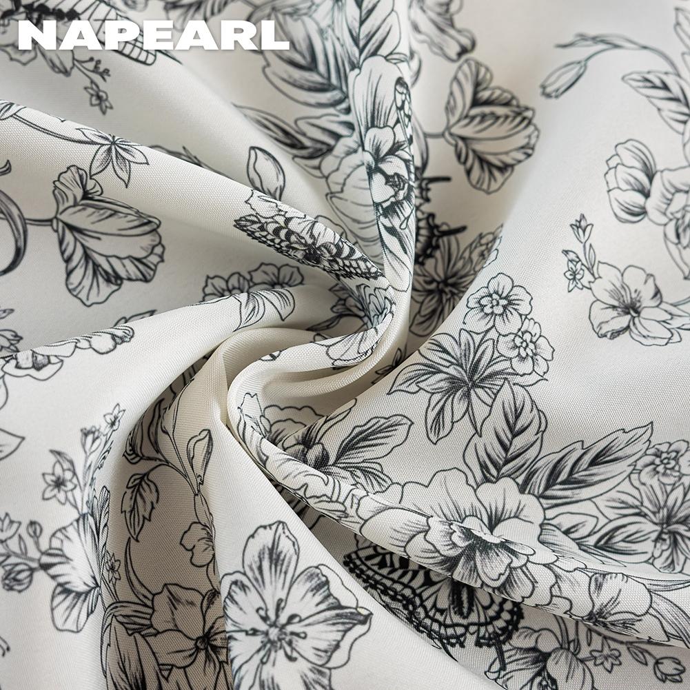 1PC NAPEARL Retro Black and White Floral Curtains with Tassel Edges and Semi Blackout Curtains for Window Kitchen Bedroom Living Room Home Decor