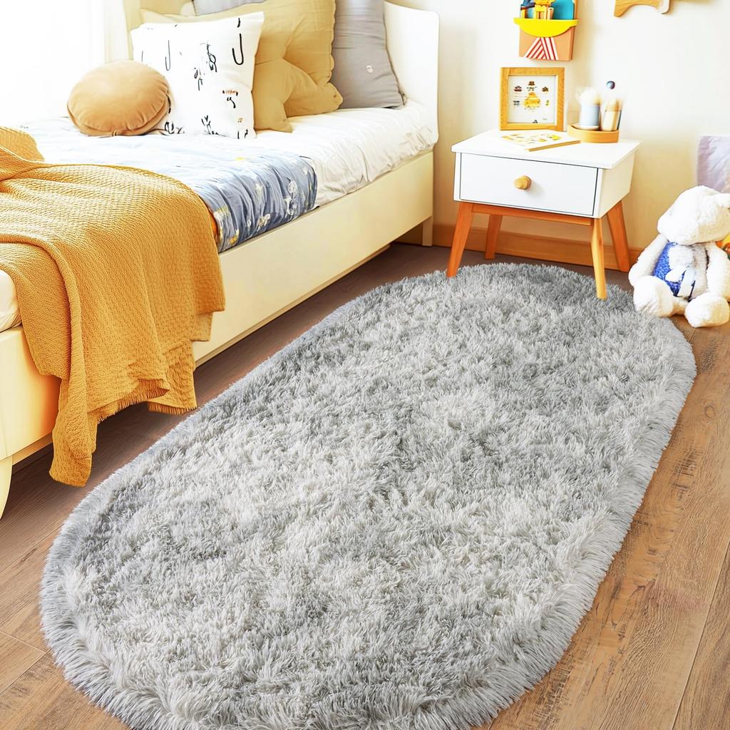 Tie Dye Light Gray Carpet Oval Fluffy Plush Bedside Mat Children's Bedroom Moisture-Proof Mat Living Room Home Decoration Rugs