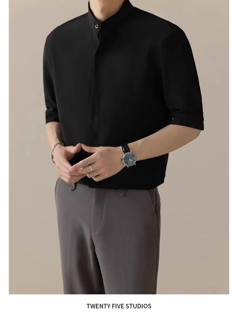 2024 Men's Ink Green Stand Collar Loose Fit Mid-Sleeve Shirt