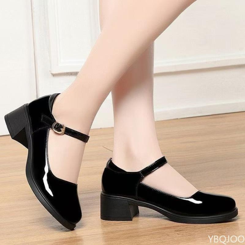Square buckle thick heel women's shoes summer new women's fashionable versatile shallow mouth shoes elegant simple high heels