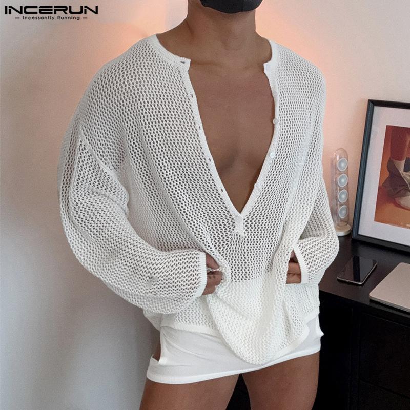 INCERUN Nadměrné Pánské Zavazovací Dlouhý Rukáv Zapínání na Knoflíky Síťované Průhledné Vykrojené Trička Topy