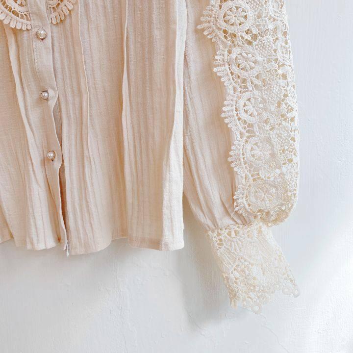 Women Lace Blouses Petal Sleeve Women Blouse Chic Button Hollow Out Flower Lace Patchwork White Shirt Top Female Clothing