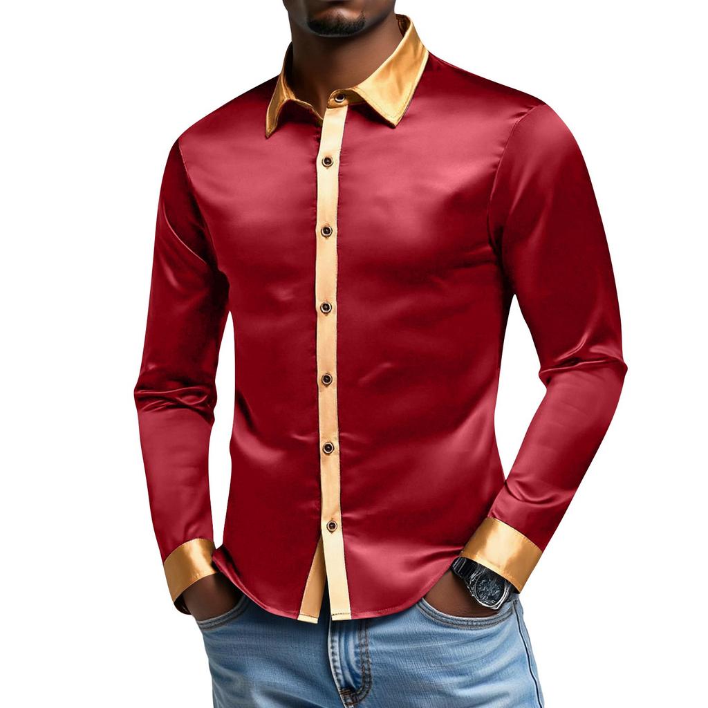 Men's   Leisure  Sports  Fashion  Color  Matching  Flip  Collar  Long  Sleeves  Shirt
