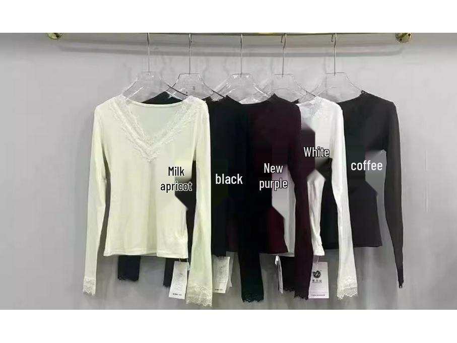 Korean Style Brushed Velvet V-Neck Lace Trim Slim Fit Women s Top Extra Large кремовый