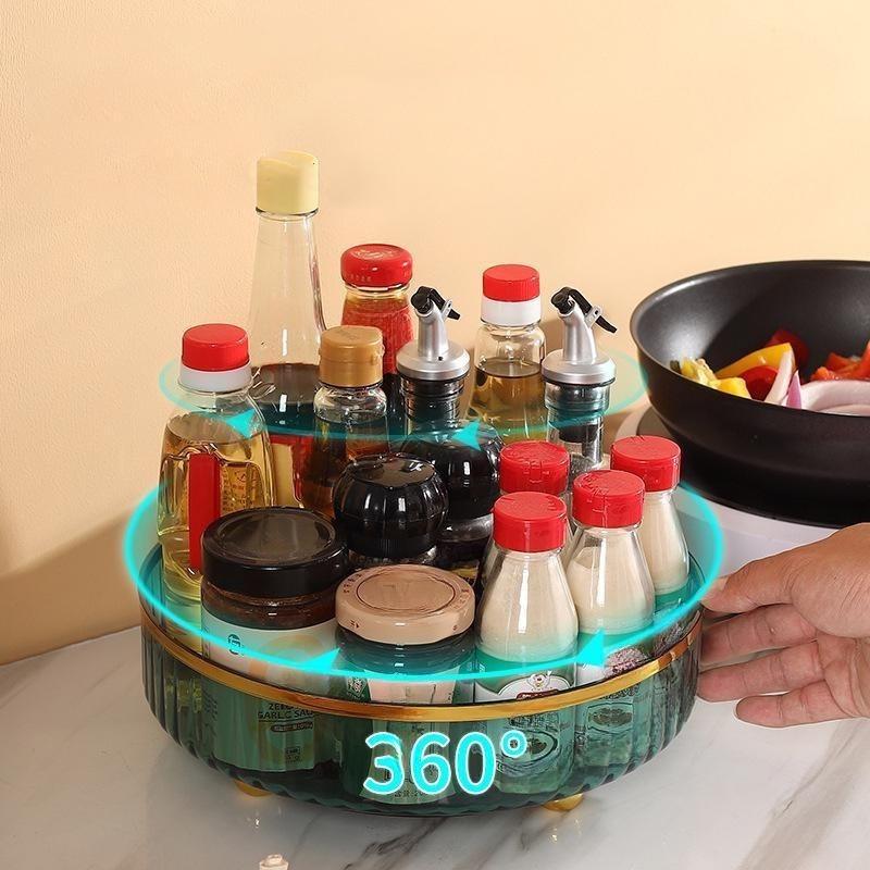 360°Rotating Storage Box Living Room Desktop Cosmetics Organizer Rack Transparent Tray Kitchen Spice Food Storage Shelf