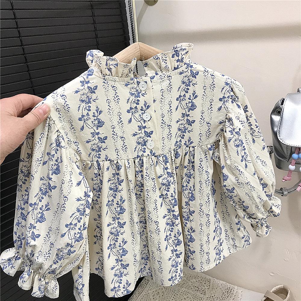 Korean Girls' Floral Blouse & Denim Flare Pants - Baby Doll Spring/Autumn Outfit