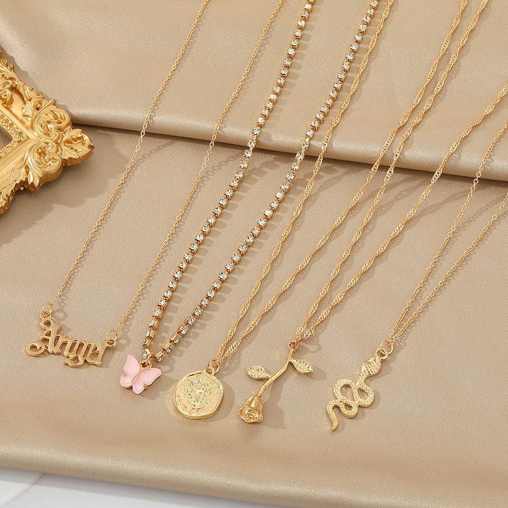 Stacked Wind Butterfly Necklace Female Rose Letter European and American Neck Chain Creative Snake Necklace
