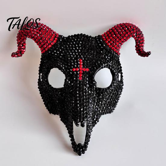 Light Luxury Skull Mask Halloween Rhinestone Full Face Mask, Black White Ram Horn Masquerade Sparkly Crystal Glitter Party for Adults Unique Costume