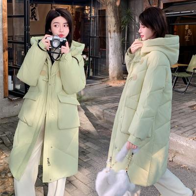 Thickened Korean Bread Coat with Pockets; Fashionable Green Feather Cotton Coat with Hood and Long Design for Winter