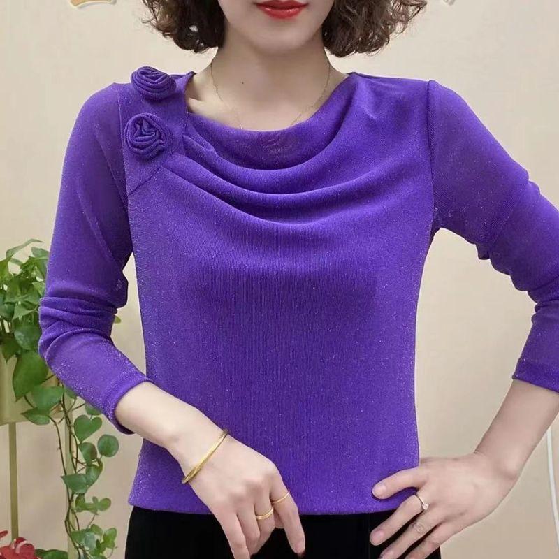 

Women s Spring Fashion Tie Flowers Solid Pill Collar Long Sleeve Pullover Ruched Bright Silk Loose T-shirts Bottom Tops L