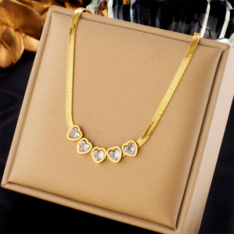 Fashion Light Luxury Simple Transparent Heart Zirconia Snake Bone Necklace Bracelet Set Stainless Steel Titanium Steel