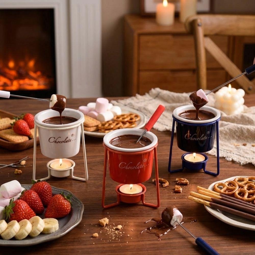 With Fork Chocolate Melting Cup Heat-resistant Metal Shelf Fondue Cup Detachable Tableware Ceramic Mug Outdoor Recreation