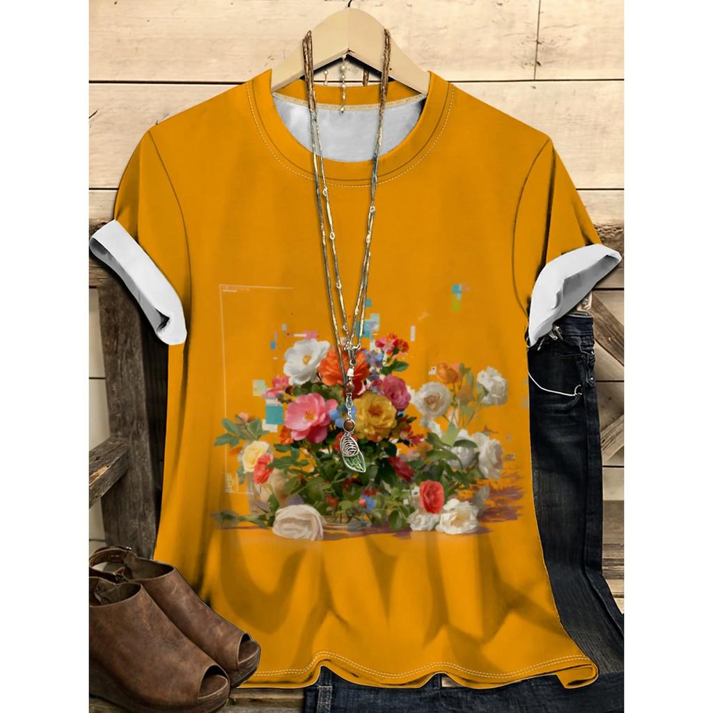 Summer Round Neck Flower Pattern 3D Print Top Fashionable Casual Short Sleeved Women's T-shirts