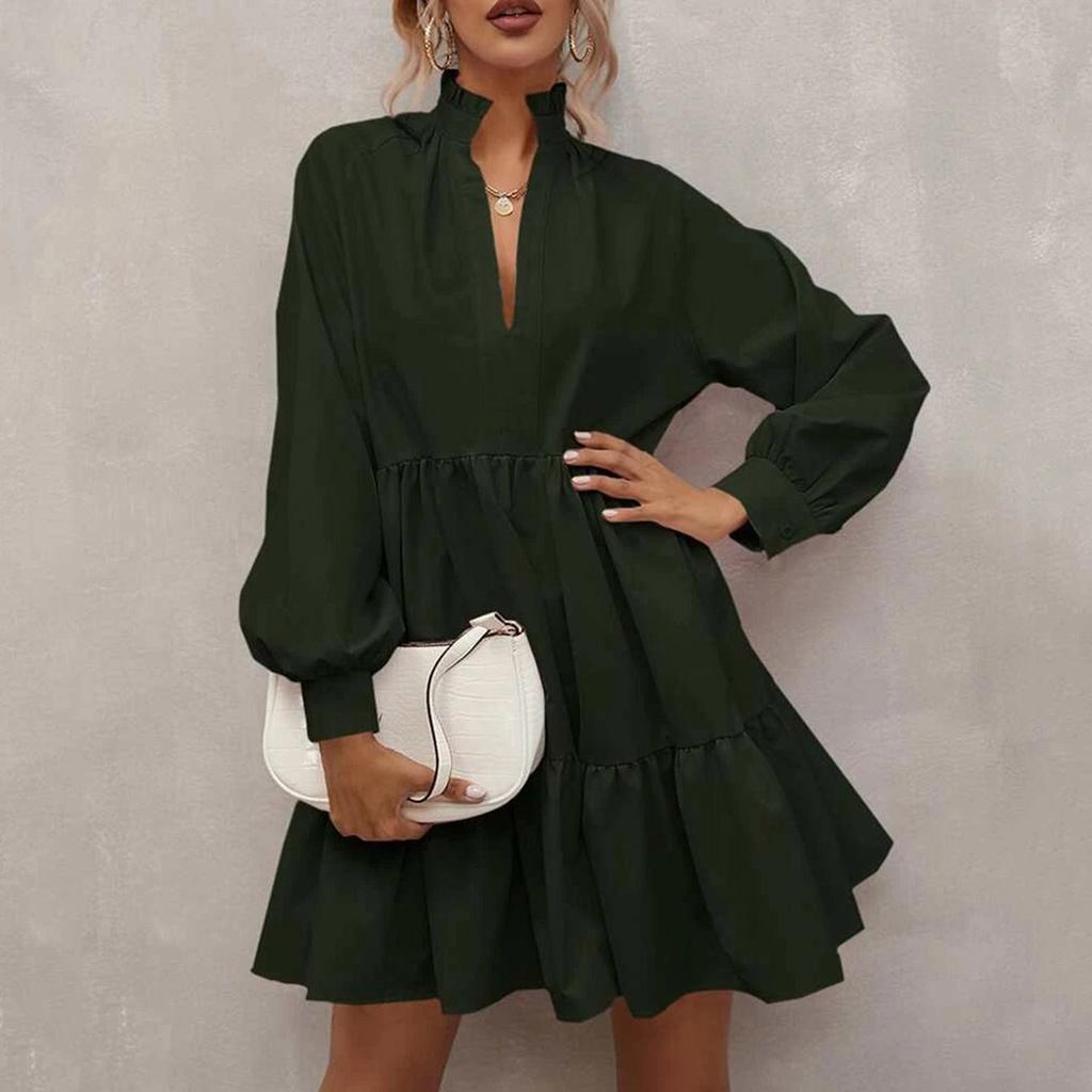 ქალის ყოველდღიური, მოდური, ერთფეროვანი, V-ყელიანი, გრძელმკლავიანი, ფრიალა ნაკერით, დიდი, A-ხაზის კაბა