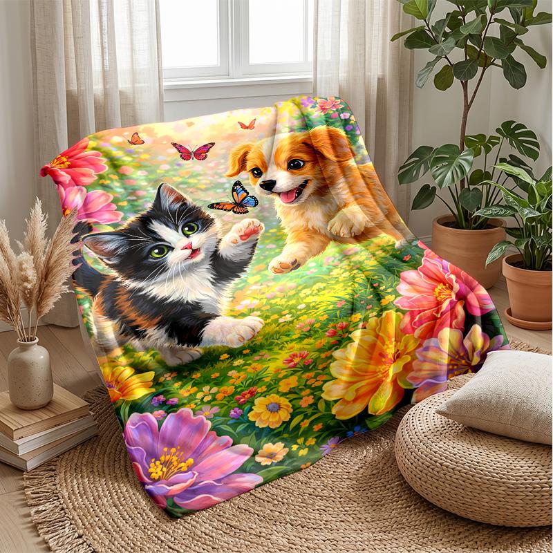 Kitten and Butterfly Theme blanket Lightweight Warm Flannel Blanket Decorative Throw Blanket for Home Decoration