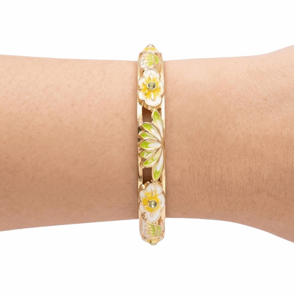 Gold Plated Enamel Floral Bangle Elegant Lotus Floral Open Cuff Bracelet Cloisonne Bangle Ladies