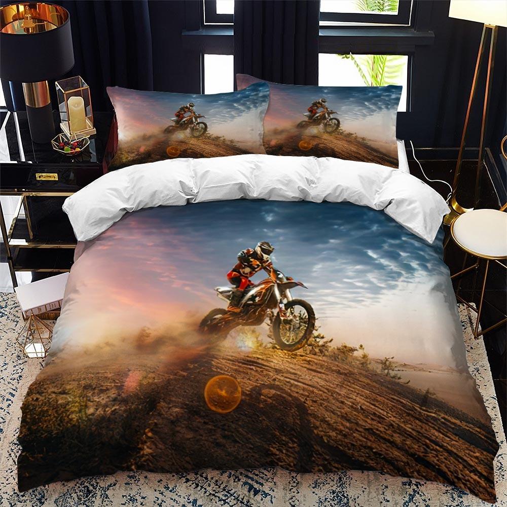 Luxury Bedding Set Motorcycle Fire Print Duvet Cover Set with Pillowcase Motocross Bedspread Boy's Bed Set