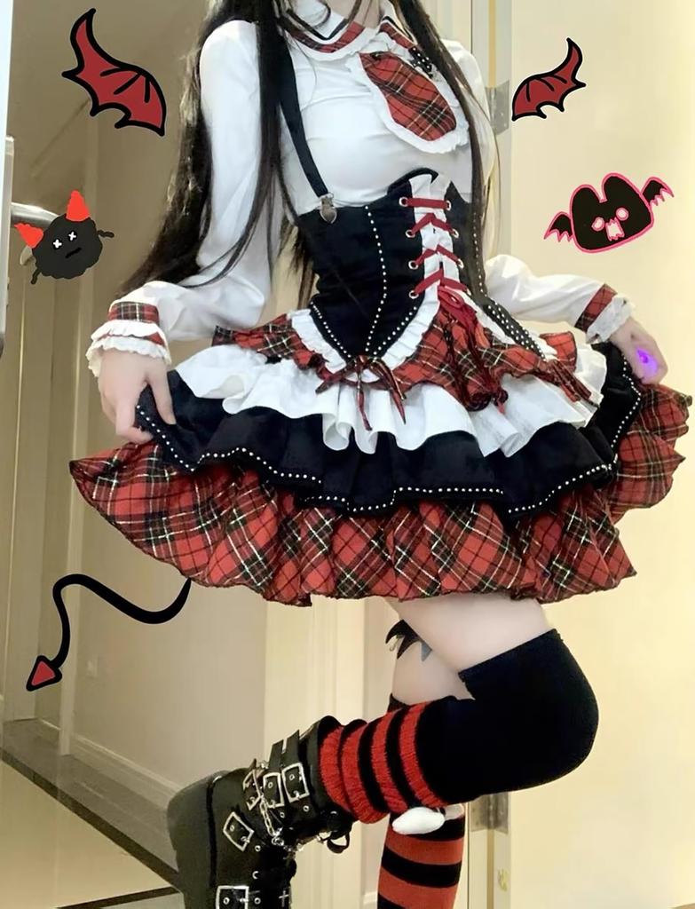 XHSUKADO Lolita Mini Long Lolita Halloween Red and White and Size L Women's 4-Piece Set Top, Corset, Skirt, Tie, Sleeves, School-Style Outfit,