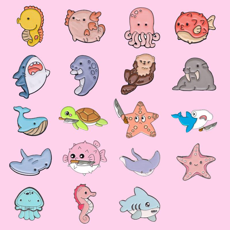 Cartoon Underwater Creatures Metal Pin Set: Whale, Starfish, Turtle