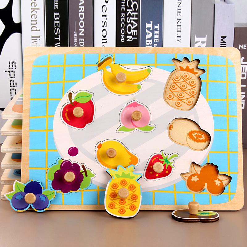 Greifbrett-Puzzle Kinderfrüherziehungspuzzle Holzspielzeug Zahlen Buchstaben Früchte Geometrie