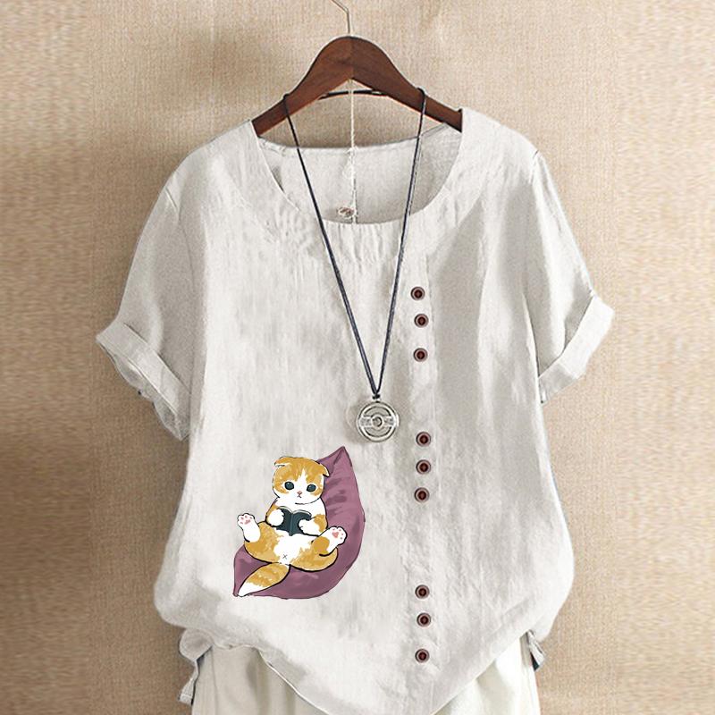 Moda feminina bonito gato impresso manga curta camiseta solta algodão camisa casual solto verão blusa tops plus size