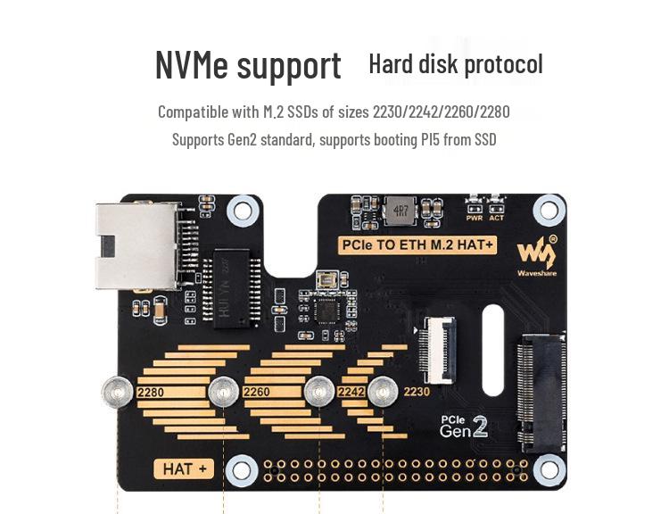 Raspberry Pi 5th Gen M.2 PCIe to Gigabit Ethernet HAT+ Board, 5Gbps Speed, Driver-Free SSD Boot