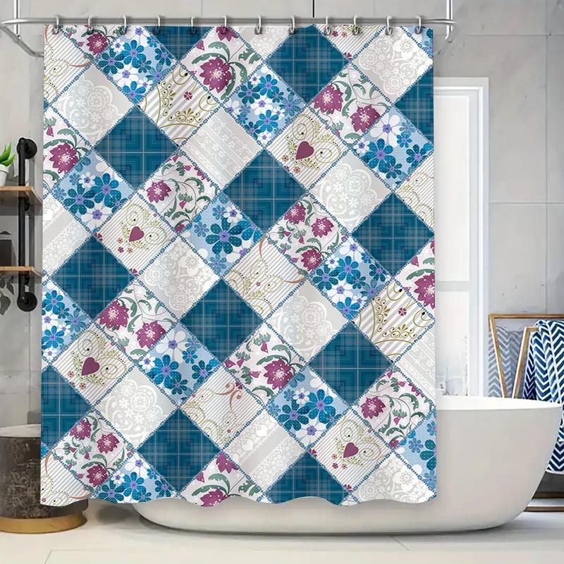 

Синяя цветочная пэчворк шторка для душа с декором в белую клетку Обновите эстетику вашей ванной комнаты для домашнего декора W90xH180cm