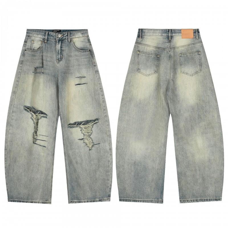 Mens Distressed Straight Fit Denim Jeans With Embroidery Mid-Rise Water Washed Cotton Blend Streetwear Casual Pants