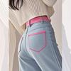 Sweet and Cool Color Block Denim Wide Leg Pants Women High Waist Loose Casual Trousers