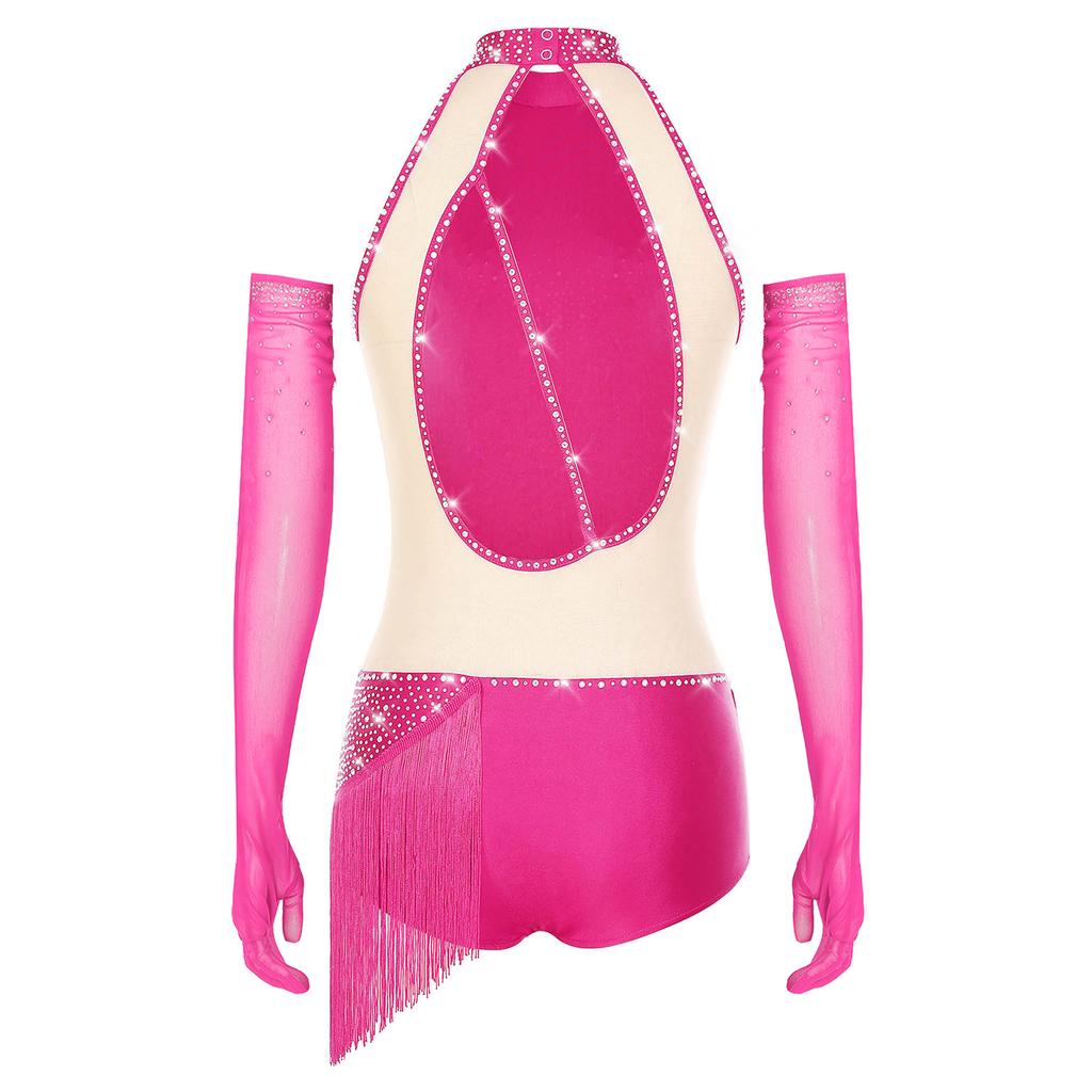Womens Latin Figure Skating Leotard Sleeveless Back Hollow Out Tassel Skirted Bodysuit Mesh Gloves Dancing Costume