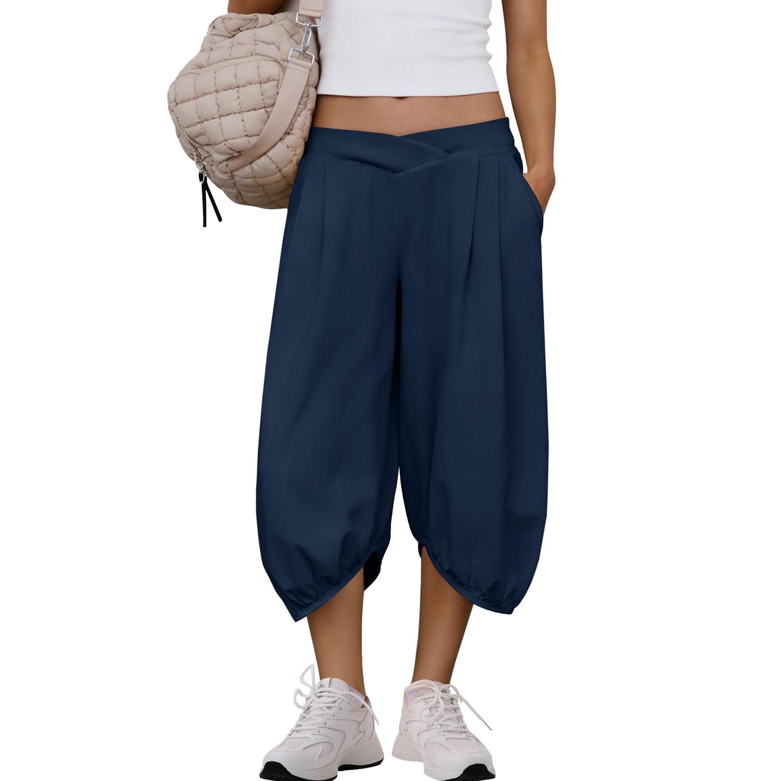 

Women Elastic High Waist 3/4 Pant Casual Fit Wide Capris Leg Pants Trousers With Pockets M Темно-синій