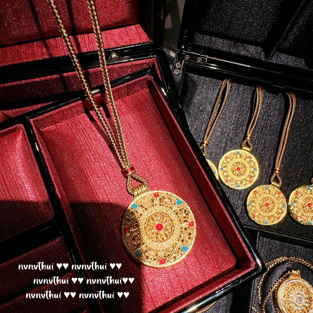 Gold Cloisonné Pendant Necklace & Auspicious Gourd Bracelet with Eight Treasures Design