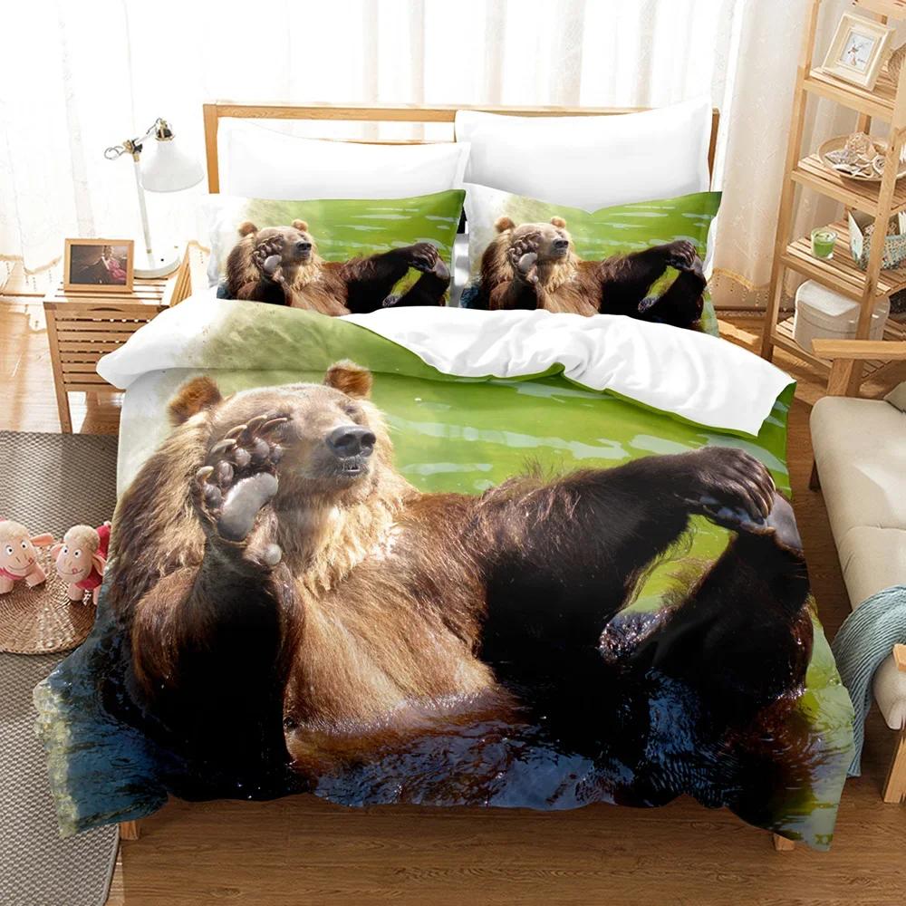 Print with Soft Fabric Duvetcover&2pcs Pilowcase Bear Bedrom Set Beding 2/3 Pcs Bed Cover Set Animal Series Double Bed Linens 10% Polyester
