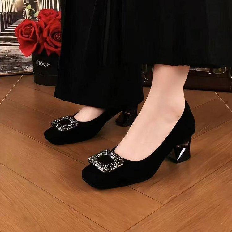 High heels new autumn soft-soled French temperament suede square buckle rhinestone shallow mouth single shoes Doudou shoes
