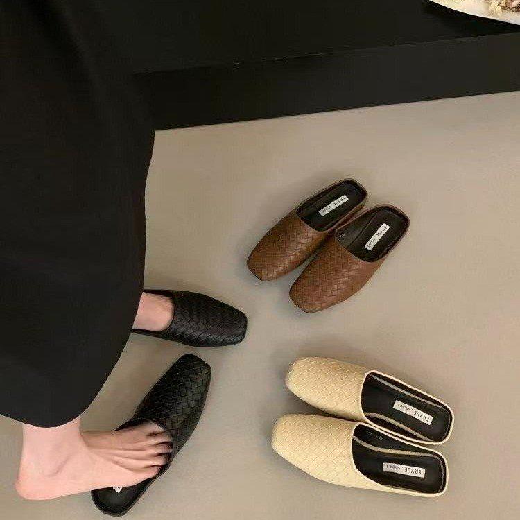 Halbgezogene Atmungsaktive Gewebte Hausschuhe Baotou Hausschuhe Damen Kopf Große Größe Gezogene Flachsohlige Hausschuhe Retro Cool Mori Damen