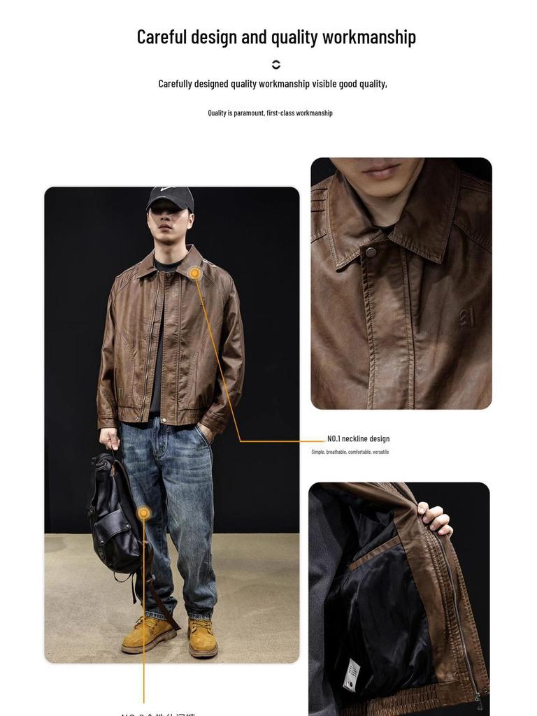 Herren Hochwertige Amerikanische Retro Leder Motorradjacke - Herbst/Winter 2025, Kurz, Mit Samt gefüttert, Große Größen, Trendige Marke