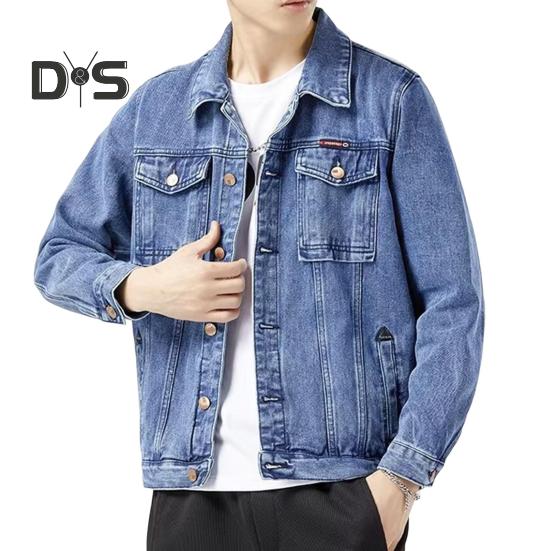 

Мужская джинсовая куртка с лацканами, длинными рукавами, карманами-клапанами, однотонное пальто с застежкой на пуговицы, повседневная джинсовая верхняя одежда, повседневная одежда XL синий