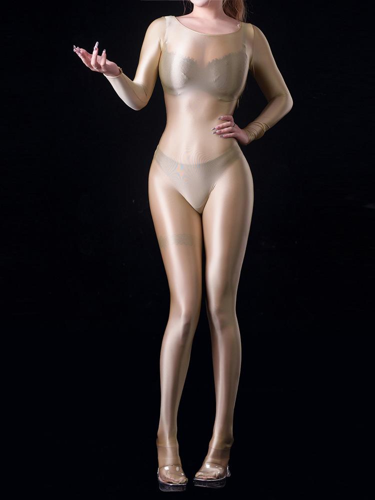 Cosplay Sexy Oil Glossy Elastic Bodysuit Bodycon Rompers One-Piece Thong Silky Maid Tights Satin Jumpsuits Candy Color Leotard