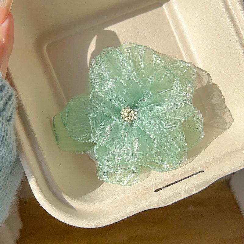 Green Themed Flower Hair Claw Clip Side Bangs Hair Clip Mesh Fake Flower Atmosphere Hairpin Seaside Vacation Hair Accessories