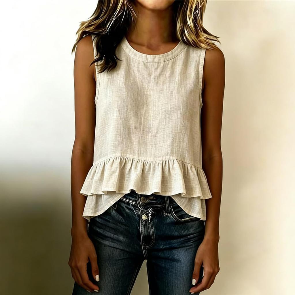 Women Sleeveless Linen Cotton Tank Top Casual Loose Fit Ruffle Hem Layered Blouse Round Neck Lightweight Summer Vest Shirt