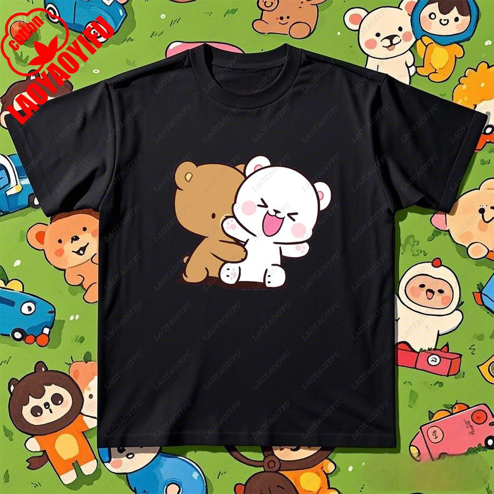 Kawaii Couple Tshirt Matching Milk and Mocha Cartoon Anime Print Cotton Unisex Women TShirt Couple Tee Summer Casual Shirt Tops