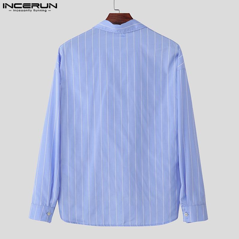 INCERUN Oversized Men Shirts Long Sleeve Lapel Striped Print Casual Loose Tops