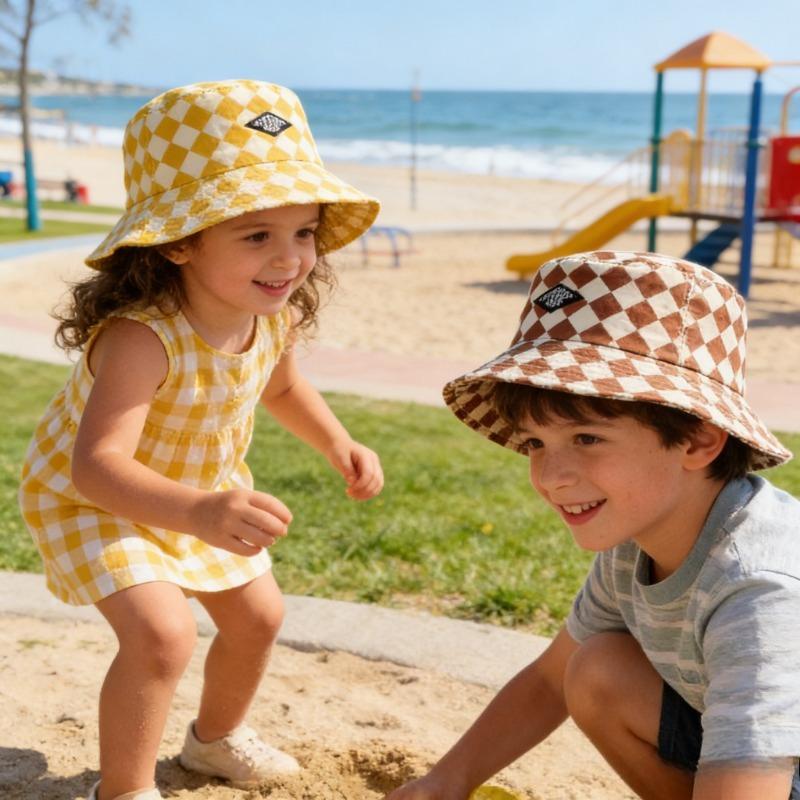 Kids Bucket Hat 50-52cm 1-5 Years Checkerboard Pattern Cute Plaid Baby Boys Girls Sun Hat Soft Kid Chilren Fisherman Panama Caps