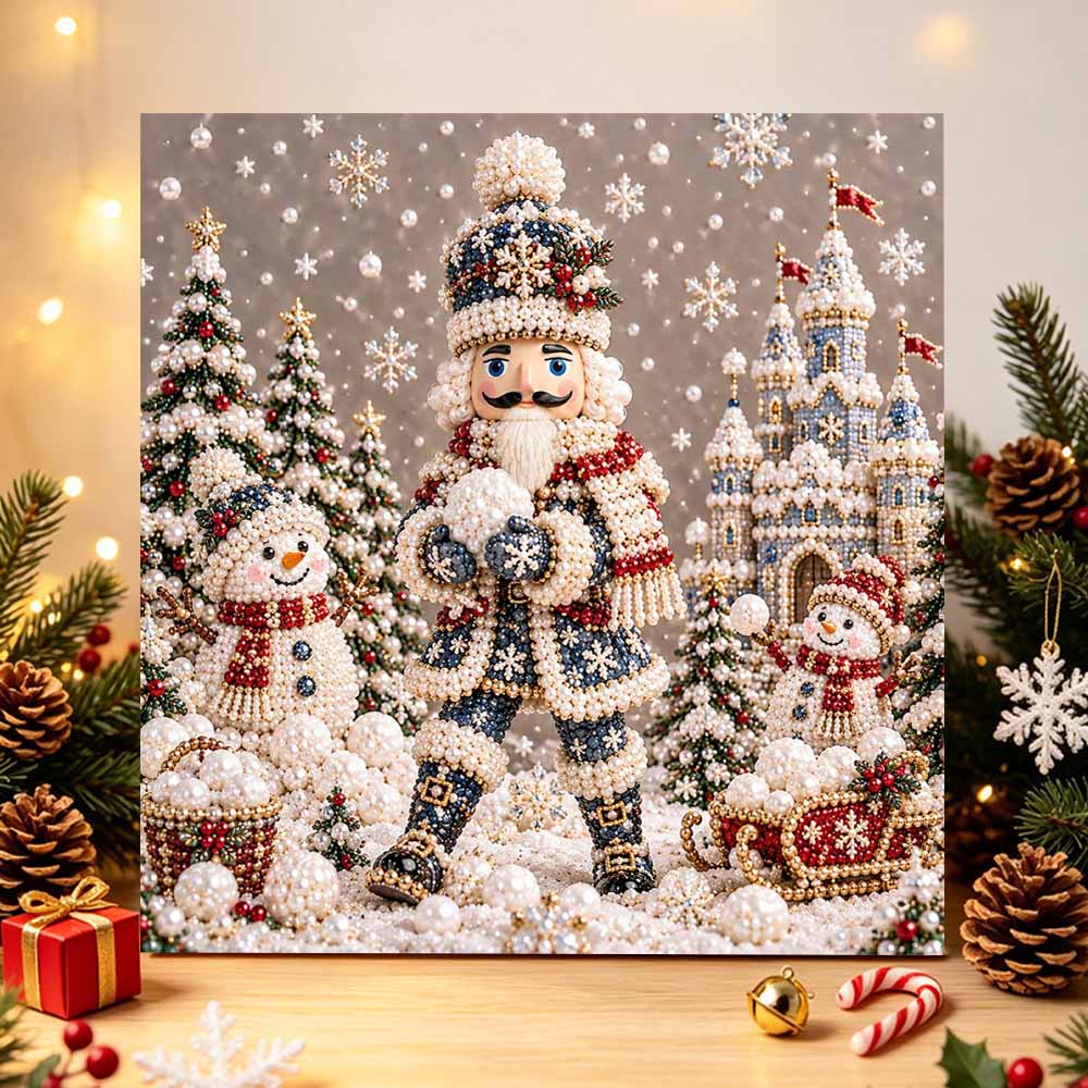 DIY Framed Pearl Painting Kit with Nutcracker and Snowmen Christmas Scene 5D Sparkling Bead Art Canvas Ready to Display Home Decor Gift Idea