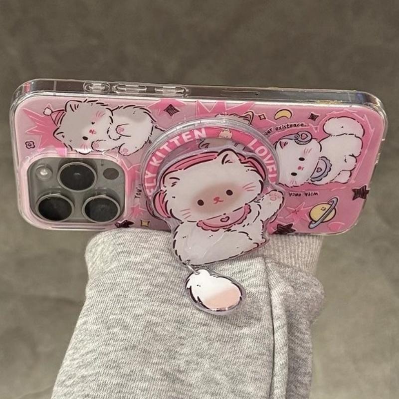 Korean Cute Kitten Puppy For Magsafe Magnetic Phone Grip Tok Griptok Stand For iPhone 16 Wireless Charging Case Ring Holder