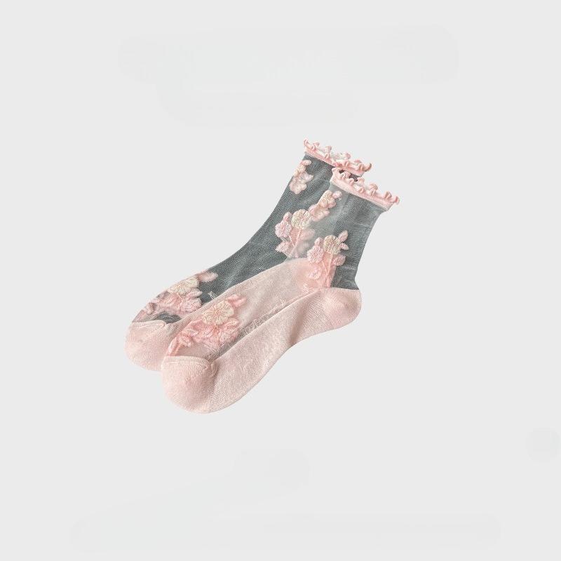 Summer New Style Thin Women's Socks Breathable Ice Silk Flower Crystal Stockings Short Sweat-absorbent Non-slip Cotton Socks Bottom Tube Socks
