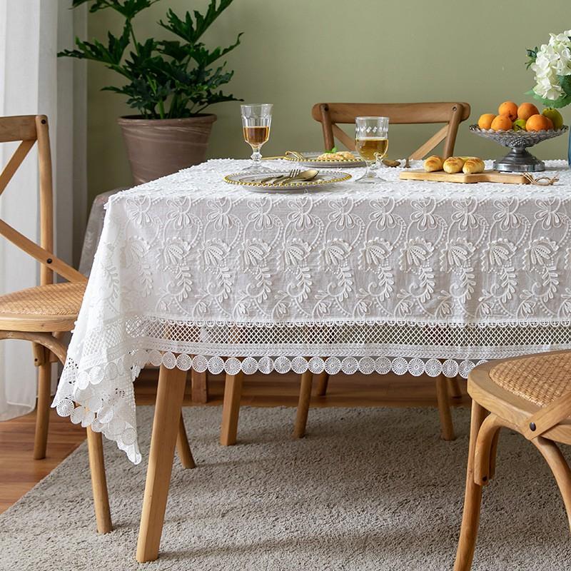 Elegant French Style White Lace Tablecloth With Floral Embroidery Cotton Dining Table Cover Living Room Rectangular