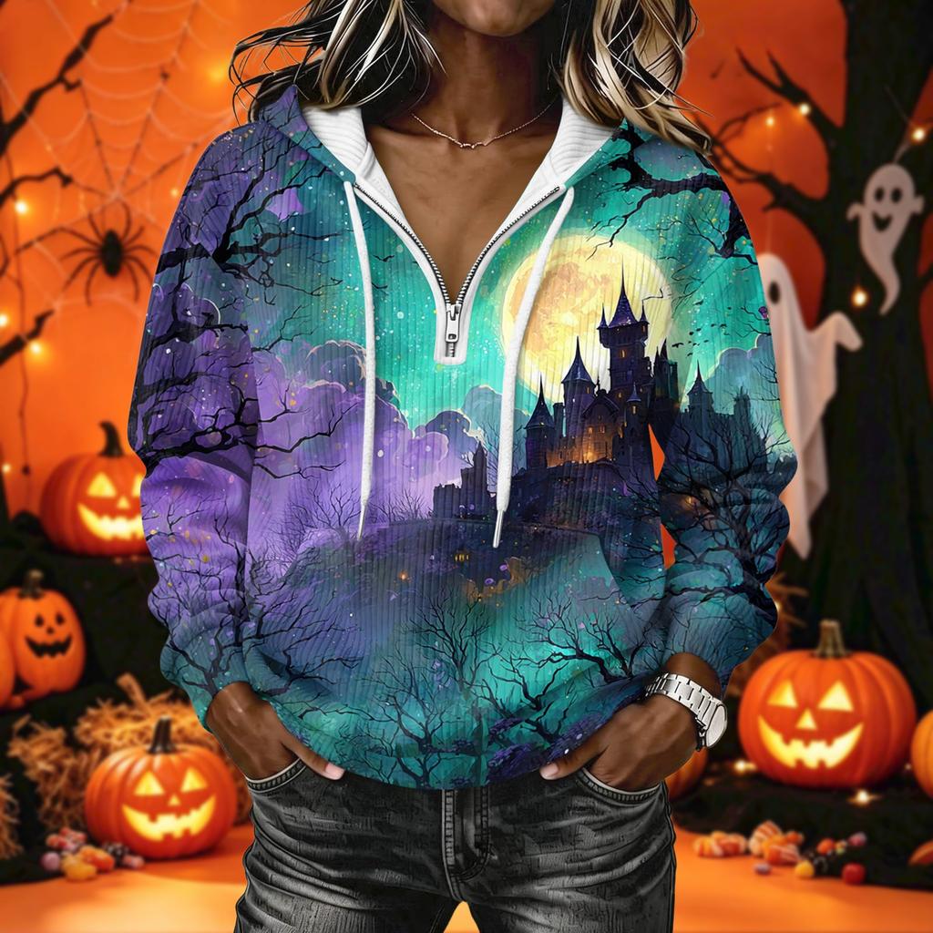 Women's Long Sleeve Halloween Print Hoodie Pullover with