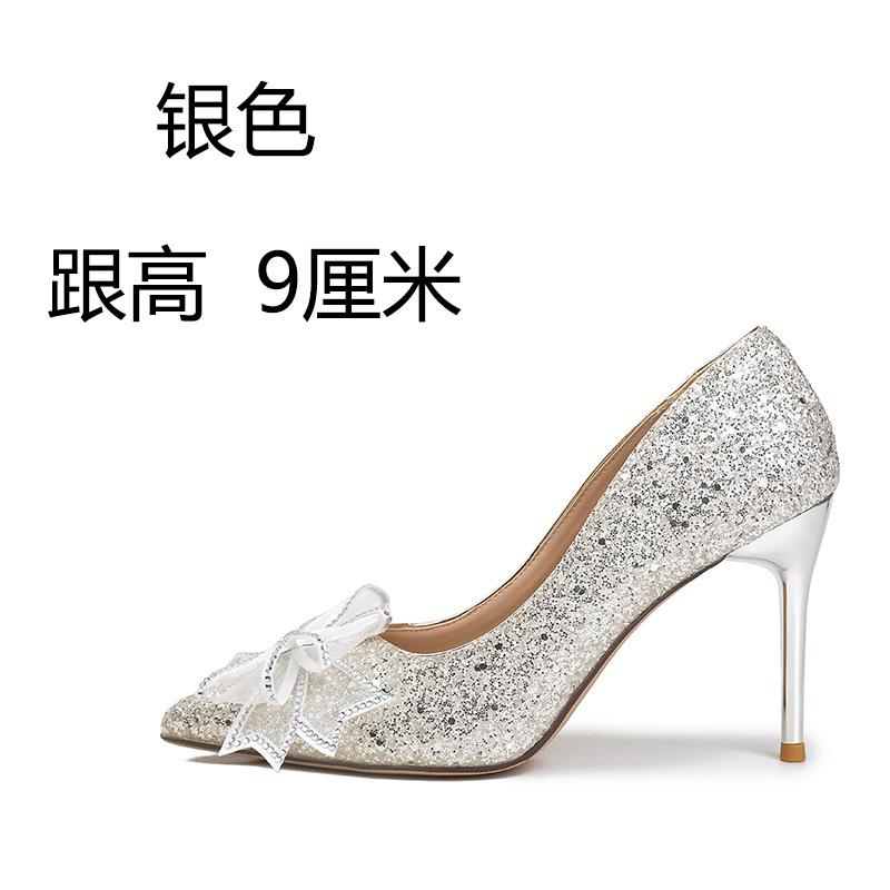 Premium Sense Main Wedding Dress Wedding Shoes Spring and Summer Women's New Bridal Shoes Crystal Wedding High Heels Gold Sequined Shoes
