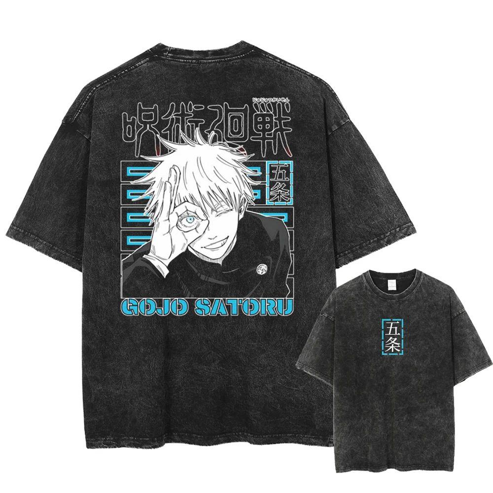 

Satoru Gojo Tshirt Jujutsu Kaisen Graffiti Eye Tee Vintage Washed Oversized Retro Anime Harajuku Men Streetwear Graphic Clothes S